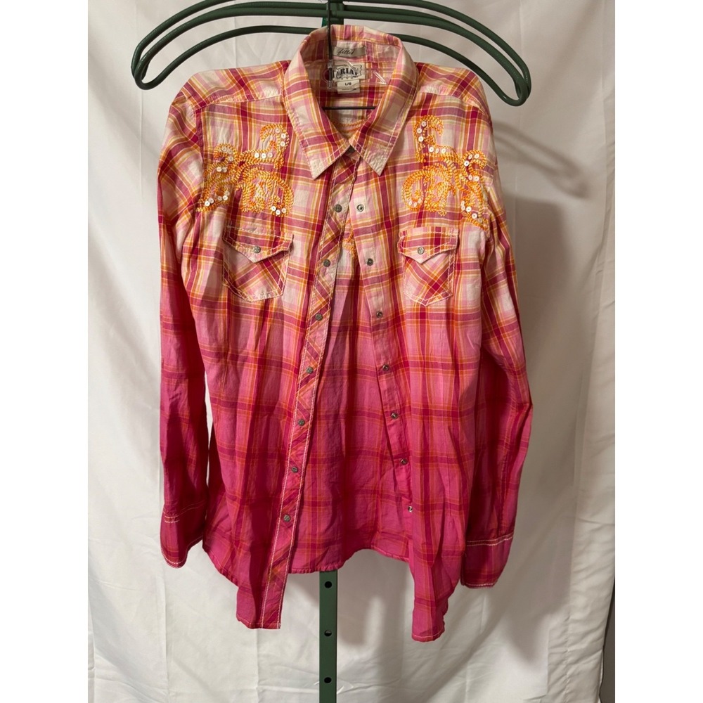Ariat Womens Western Snap Shirt Pink Plaid Embroidered Sequins Fitted Large k